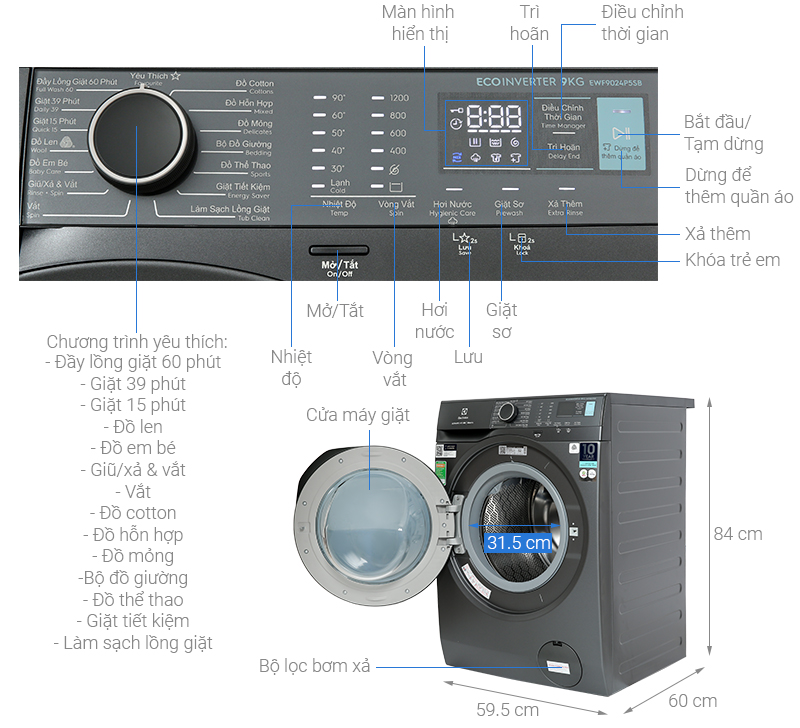 Máy giặt Electrolux Inverter 9 kg EWF9024P5SB