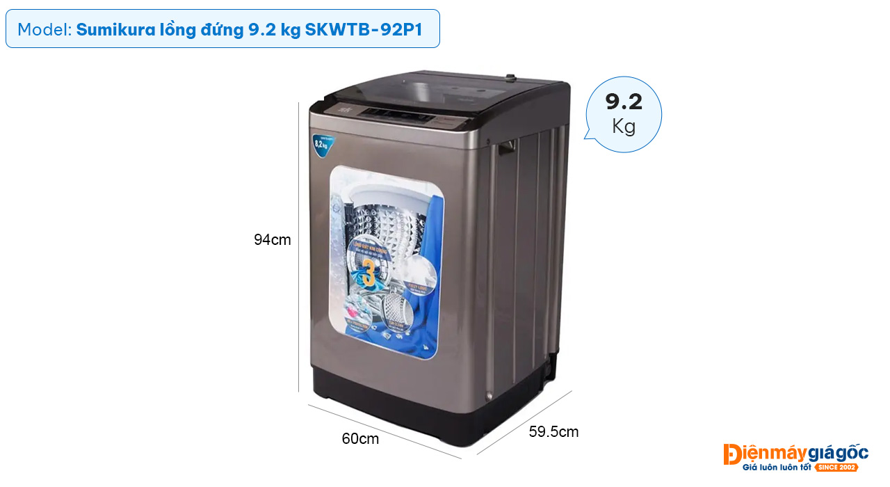 Máy giặt Sumikura lồng đứng 9.2 kg SKWTB-92P1